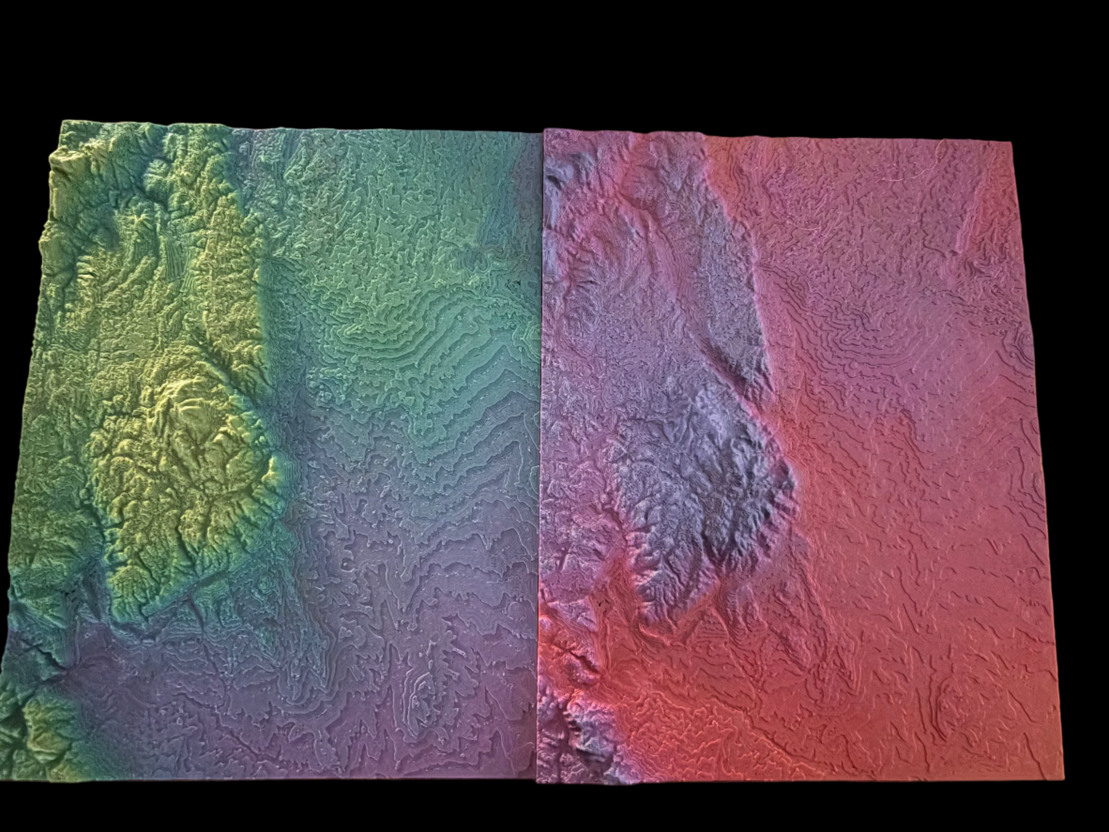 Two rainbow topographic maps of the Pikes Peak region in Colorado